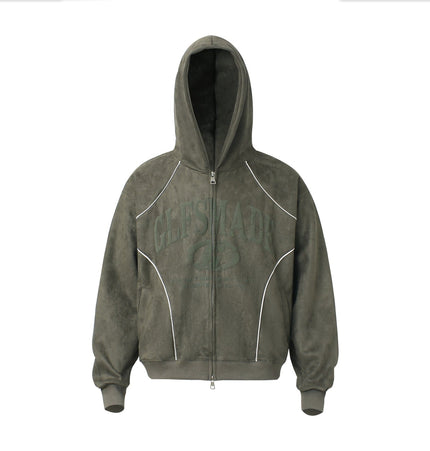 THETLSTUDIO M / green JW302 American Trend Suede Suede Vintage Structure Printed Design Short and Wide Men's Hooded Cardigan Sweatshirt