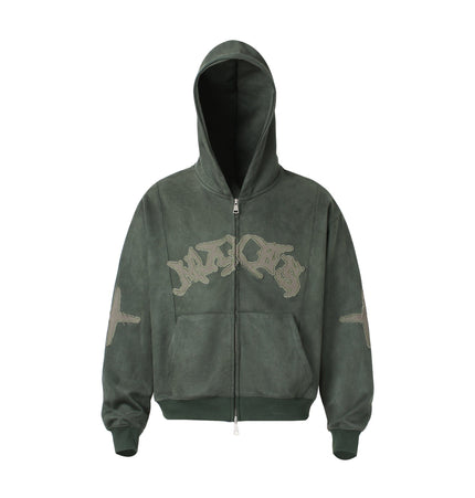 TALKLESSFASHION M / green Suede Hooded Street Sweatshirt