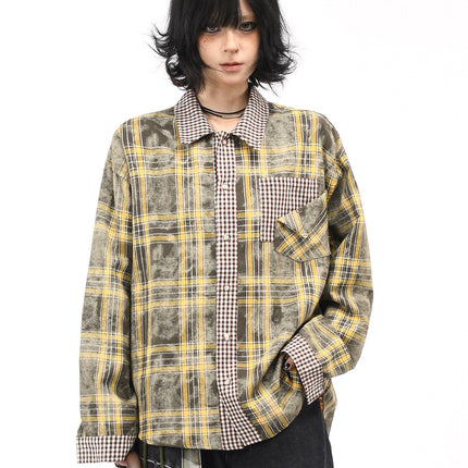 TALKLESSFASHION M / Khaki OV original American vintage plaid patchwork couple long sleeve shirt men's and women's autumn street loose casual shirt trend