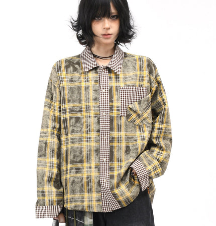 THETLSTUDIO M / Khaki OV original American vintage plaid patchwork couple long sleeve shirt men's and women's autumn street loose casual shirt trend