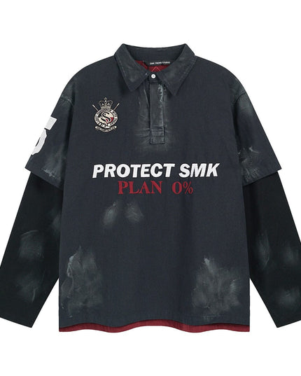 TALKLESSFASHION M / Navy blue spell red Jiaqlo Men's Fall and Winter 2025 new wasteland style American jersey fake two heavy embroidered polo collar sweatshirts