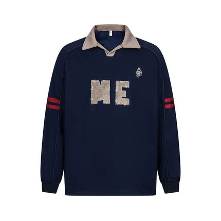 TALKLESSFASHION M / Navy embroidered letter contrast color lapel long-sleeved top casual