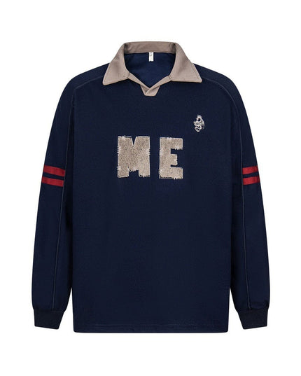 TALKLESSFASHION M / Navy embroidered letter contrast color lapel long-sleeved top casual