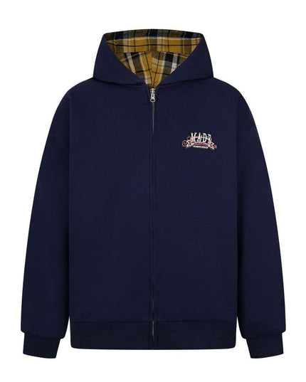 TALKLESSFASHION M / Navy two sided plaid hooded jacket on both sides