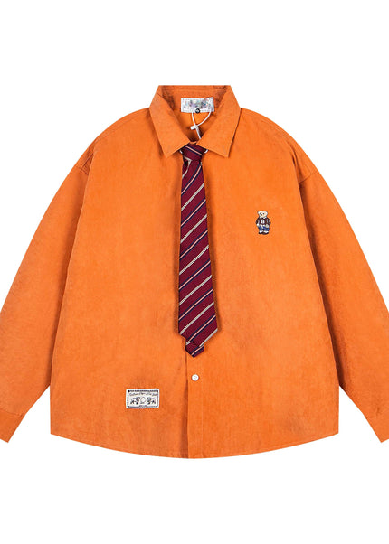THETLSTUDIO M / Orange OV original cartoon bear embroidery collegiate style tie long sleeve shirt women's autumn loose casual versatile shirt men