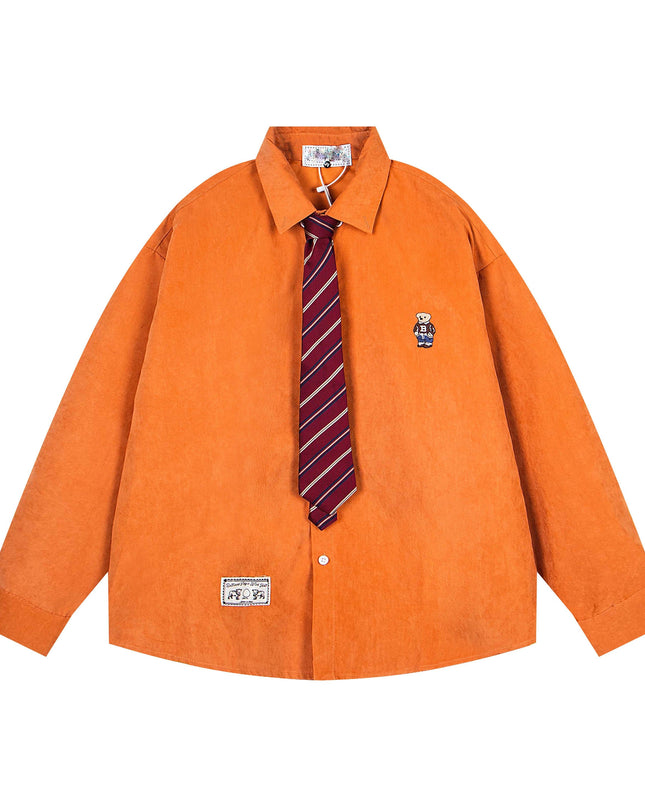 TALKLESSFASHION M / Orange OV original cartoon bear embroidery collegiate style tie long sleeve shirt women's autumn loose casual versatile shirt men