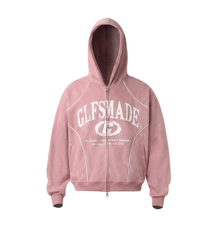 THETLSTUDIO M / pink JW302 American Trend Suede Suede Vintage Structure Printed Design Short and Wide Men's Hooded Cardigan Sweatshirt