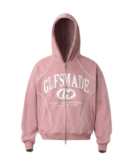TALKLESSFASHION M / pink JW302 American Trend Suede Suede Vintage Structure Printed Design Short and Wide Men's Hooded Cardigan Sweatshirt