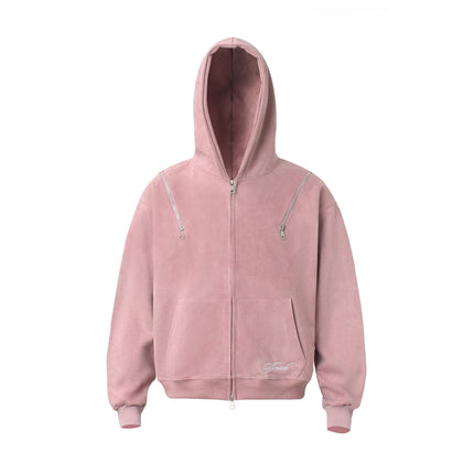 TALKLESSFASHION M / pink JW303 American Trend Suede Suede Vintage Structure Zipper Design Short and Wide Men's Hooded Cardigan Sweatshirt