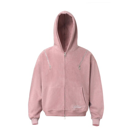 THETLSTUDIO M / pink JW303 American Trend Suede Suede Vintage Structure Zipper Design Short and Wide Men's Hooded Cardigan Sweatshirt