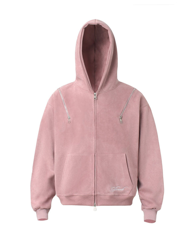 TALKLESSFASHION M / pink JW303 American Trend Suede Suede Vintage Structure Zipper Design Short and Wide Men's Hooded Cardigan Sweatshirt
