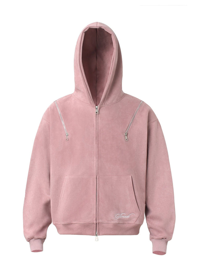 TALKLESSFASHION M / pink JW303 American Trend Suede Suede Vintage Structure Zipper Design Short and Wide Men's Hooded Cardigan Sweatshirt