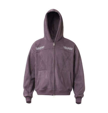 THETLSTUDIO M / purple JW305 American Trend Suede Vintage Structure Embroidery Pattern Design Short and Wide Men's Hooded Cardigan Sweatshirt