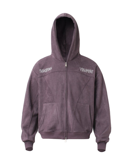 TALKLESSFASHION M / purple JW305 American Trend Suede Vintage Structure Embroidery Pattern Design Short and Wide Men's Hooded Cardigan Sweatshirt