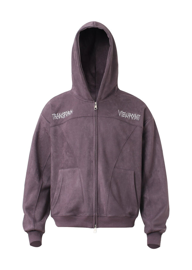 TALKLESSFASHION M / purple JW305 American Trend Suede Vintage Structure Embroidery Pattern Design Short and Wide Men's Hooded Cardigan Sweatshirt