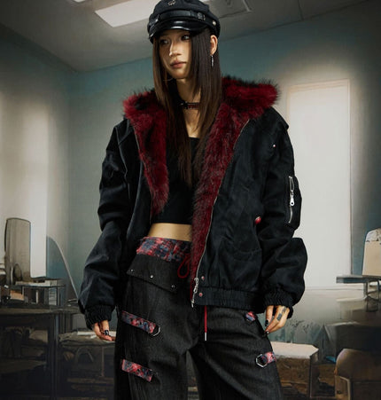 THETLSTUDIO M [recommended within 75-110 pounds] / Black [original genuine] Heavy fourth-generation mountain carving cotton suit men's red fur collar American retro PU lint jacket plush thickened warm jacket