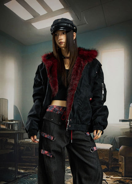 THETLSTUDIO M [recommended within 75-110 pounds] / Black [original genuine] Heavy fourth-generation mountain carving cotton suit men's red fur collar American retro PU lint jacket plush thickened warm jacket