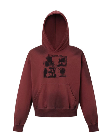 TALKLESSFASHION M / red 27415 American street trend neutral trend print old-feeling spray horse design short and wide men's hooded sweatshirt