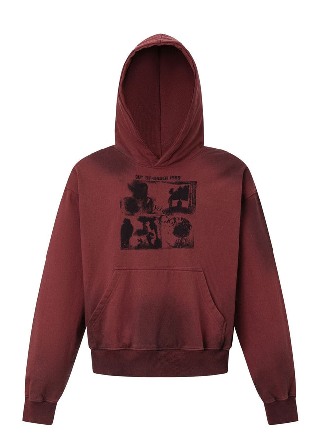 TALKLESSFASHION M / red 27415 American street trend neutral trend print old-feeling spray horse design short and wide men's hooded sweatshirt