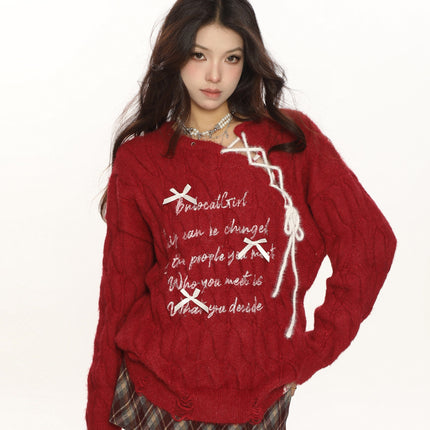 TALKLESSFASHION M / red BIGGOLD Red New Year's Jersey Bow Tie Sweater Women's Autumn and Winter Lazy Wind Soft Waxy Knit Top