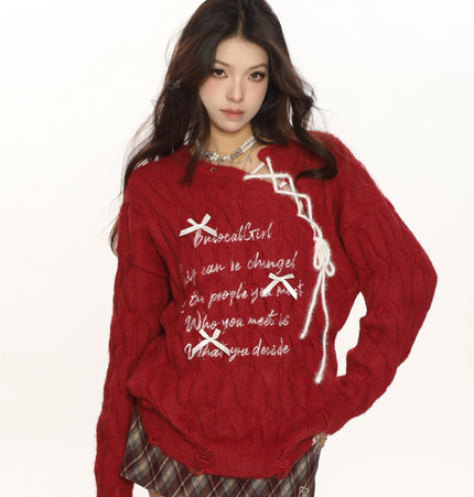 THETLSTUDIO M / red BIGGOLD Red New Year's Jersey Bow Tie Sweater Women's Autumn and Winter Lazy Wind Soft Waxy Knit Top
