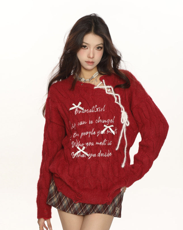 TALKLESSFASHION M / red BIGGOLD Red New Year's Jersey Bow Tie Sweater Women's Autumn and Winter Lazy Wind Soft Waxy Knit Top