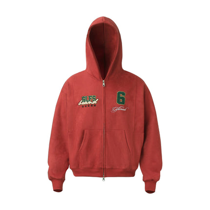 TALKLESSFASHION M / red JW308 American Trend Suede Vintage Structure Embroidery Drawing Design Short and Wide Men's Hooded Cardigan Sweatshirt