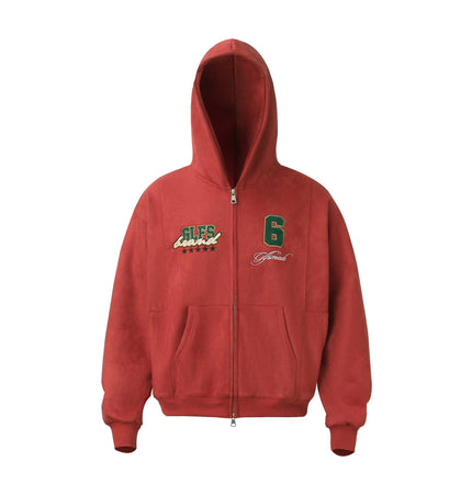 THETLSTUDIO M / red JW308 American Trend Suede Vintage Structure Embroidery Drawing Design Short and Wide Men's Hooded Cardigan Sweatshirt