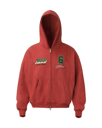 TALKLESSFASHION M / red JW308 American Trend Suede Vintage Structure Embroidery Drawing Design Short and Wide Men's Hooded Cardigan Sweatshirt