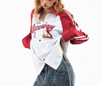 TALKLESSFASHION M / red OV original American stripe contrast patchwork couple long sleeve shirt women's spring preppy style loose lapel shirt men