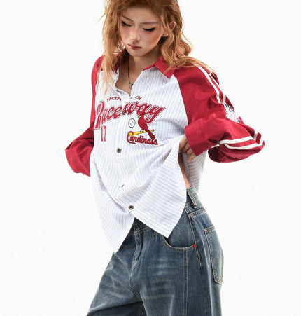 THETLSTUDIO M / red OV original American stripe contrast patchwork couple long sleeve shirt women's spring preppy style loose lapel shirt men