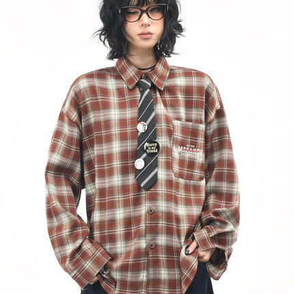 TALKLESSFASHION M / red OV original American vintage plaid long sleeve shirt men's and women's autumn street loose tie badge design shirt trend