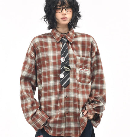 THETLSTUDIO M / red OV original American vintage plaid long sleeve shirt men's and women's autumn street loose tie badge design shirt trend