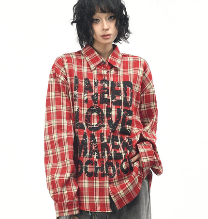 THETLSTUDIO M / red OV original American vintage plaid mottled letter print long sleeve shirt men's and women's autumn loose casual shirt trend