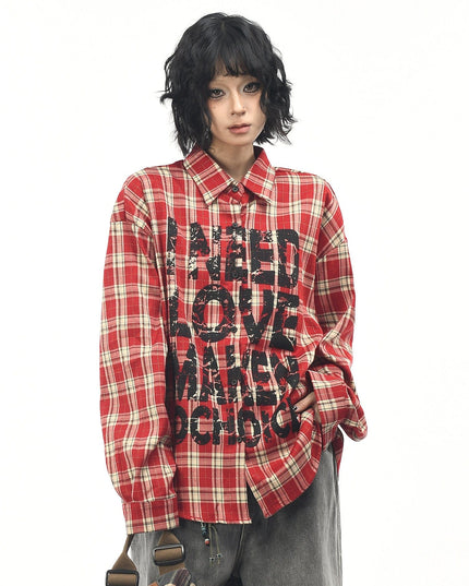TALKLESSFASHION M / red OV original American vintage plaid mottled letter print long sleeve shirt men's and women's autumn loose casual shirt trend