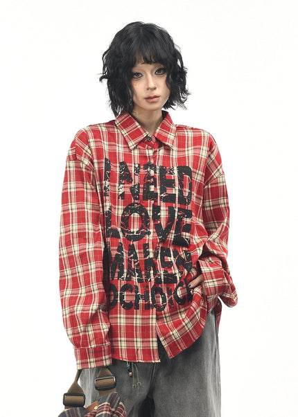 THETLSTUDIO M / red OV original American vintage plaid mottled letter print long sleeve shirt men's and women's autumn loose casual shirt trend