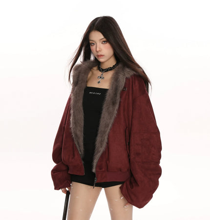 TALKLESSFASHION M / Red Wear it on both sides Reversible Suede Faux Fur Jacket