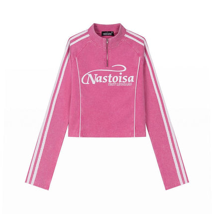 TALKLESSFASHION M / Rose pink XPKAEAX American Spice Girl Monogram Print Half Zip High Neck Long Sleeve T-Shirt Women's Fall Slim Crop Top