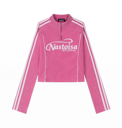 THETLSTUDIO M / Rose pink XPKAEAX American Spice Girl Monogram Print Half Zip High Neck Long Sleeve T-Shirt Women's Fall Slim Crop Top