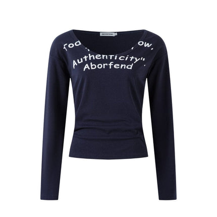 TALKLESSFASHION M / Royal blue XPKAEAX American Spice Girl Monogram Print U-Neck Long Sleeve T-Shirt Women Fall 2025 Loose Off-the-Shoulder Top ins