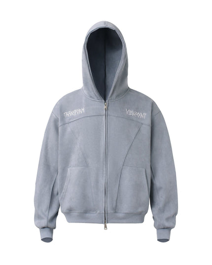 TALKLESSFASHION M / Smoky blue JW305 American Trend Suede Vintage Structure Embroidery Pattern Design Short and Wide Men's Hooded Cardigan Sweatshirt