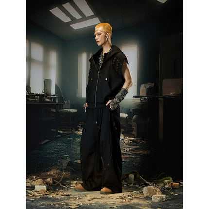 TALKLESSFASHION M / Tops + pants Wasteland Cropped Hooded Vest & Slacks Set