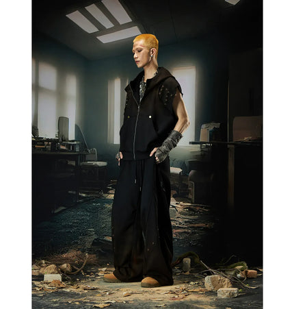 TALKLESSFASHION M / Tops + pants Wasteland Cropped Hooded Vest & Slacks Set