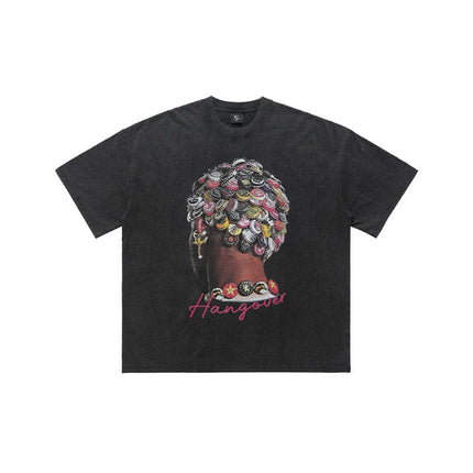 TALKLESSFASHION M / Washing black LawFoo spring and summer new street washed old American portrait print pure cotton loose short sleeve T-shirt for men and women