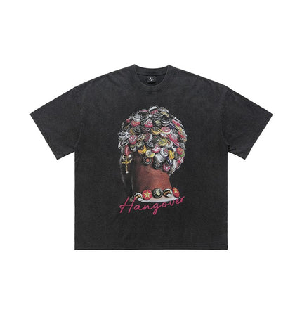 TALKLESSFASHION M / Washing black LawFoo spring and summer new street washed old American portrait print pure cotton loose short sleeve T-shirt for men and women