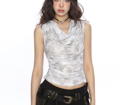 TALKLESSFASHION M / white BIGGOLD American hot girl tie-dye swing collar pleated vest women's summer wasteland style waist slimming sleeveless top