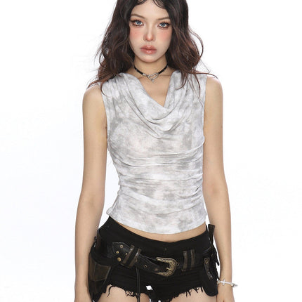 TALKLESSFASHION M / white BIGGOLD American hot girl tie-dye swing collar pleated vest women's summer wasteland style waist slimming sleeveless top
