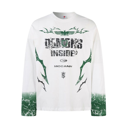 THETLSTUDIO M / white Hip-Hop Motorcycle Dark Print Long Sleeve Tee