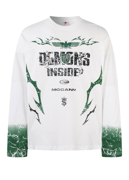 THETLSTUDIO M / white Hip-Hop Motorcycle Dark Print Long Sleeve Tee