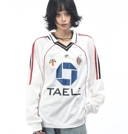 THETLSTUDIO M / white OV Original American Vintage V-Neck Jersey Printed Long Sleeve T-Shirt Men's and Women's Autumn Loose Raglan Sleeve Couple Top Tide